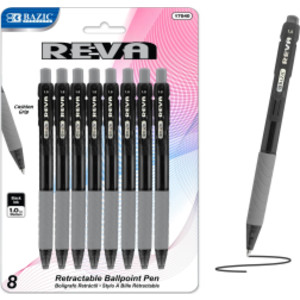 Reva Retractable Pens, 1.0 mm Medium Tip, Black Ink, 8-Count
