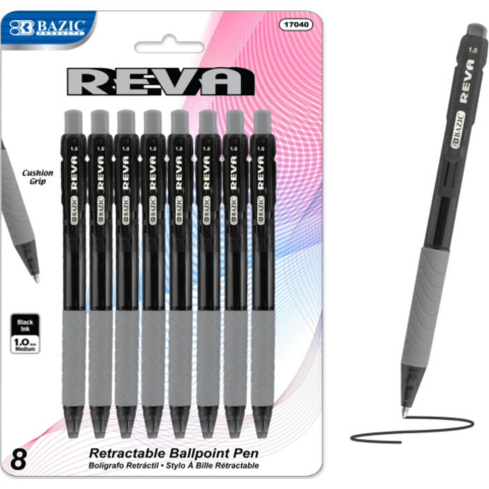 Reva Retractable Pens, 1.0 mm Medium Tip, Black Ink, 8-Count