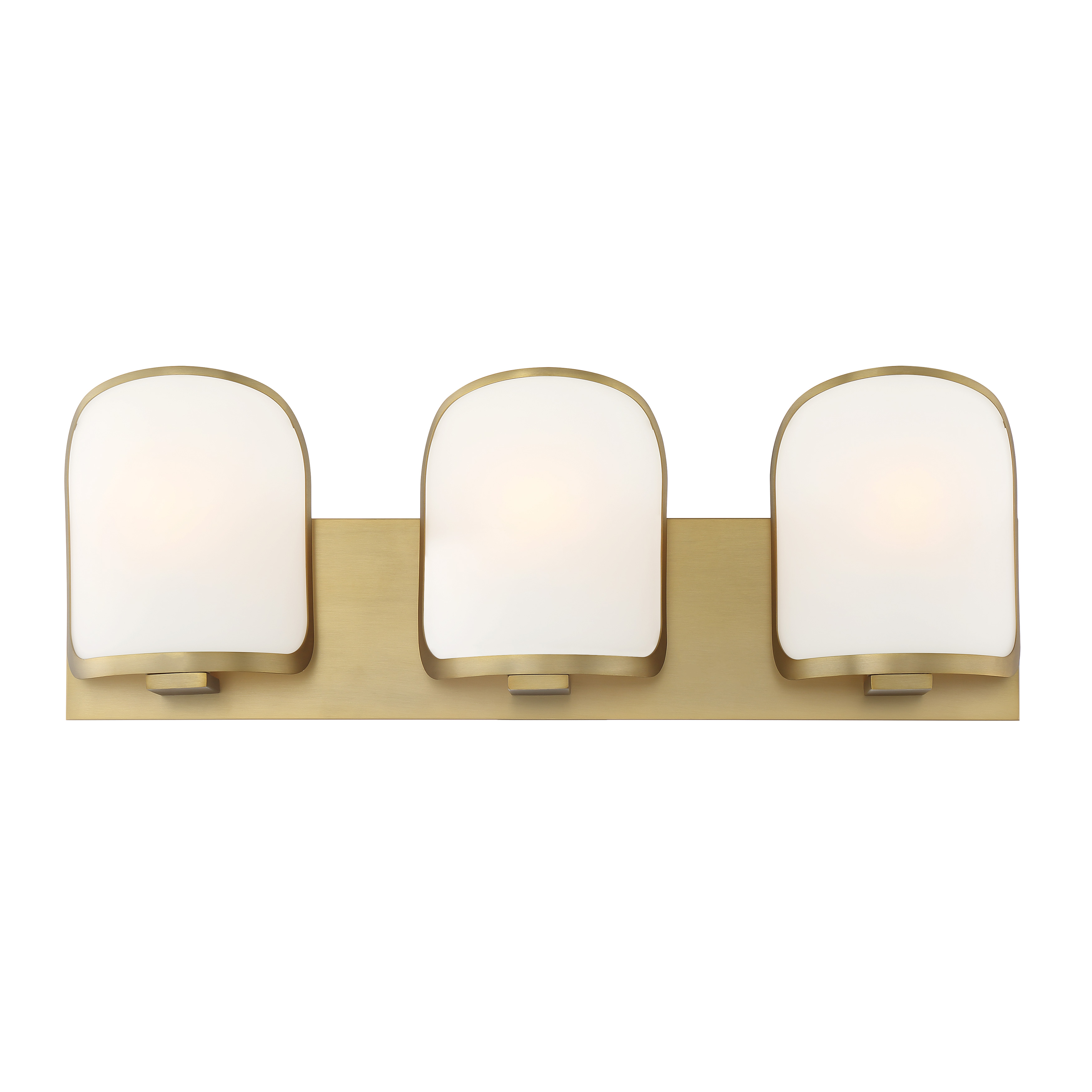The Bishop Crossing 3-light bath vanity combines warm soft brass finish with etched white glass for a sophisticated, glare-free lighting solution. ADA compliant and dimmable for versatile bathroom illumination. - alternate view