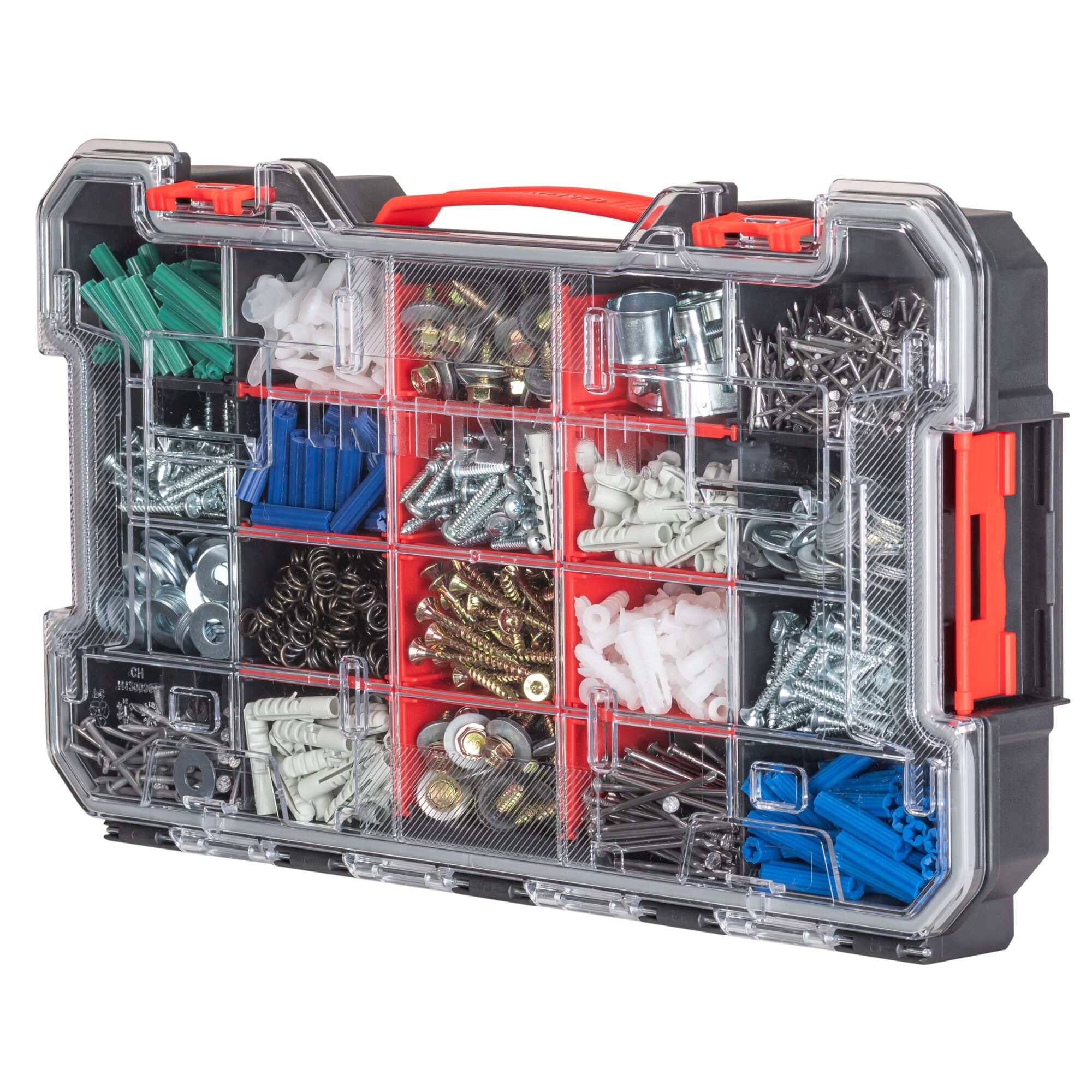 Craftsman VersaStack 20-Compartment Organizer placed up on its side to show front and that inside is filled with different tools in the different compartments 