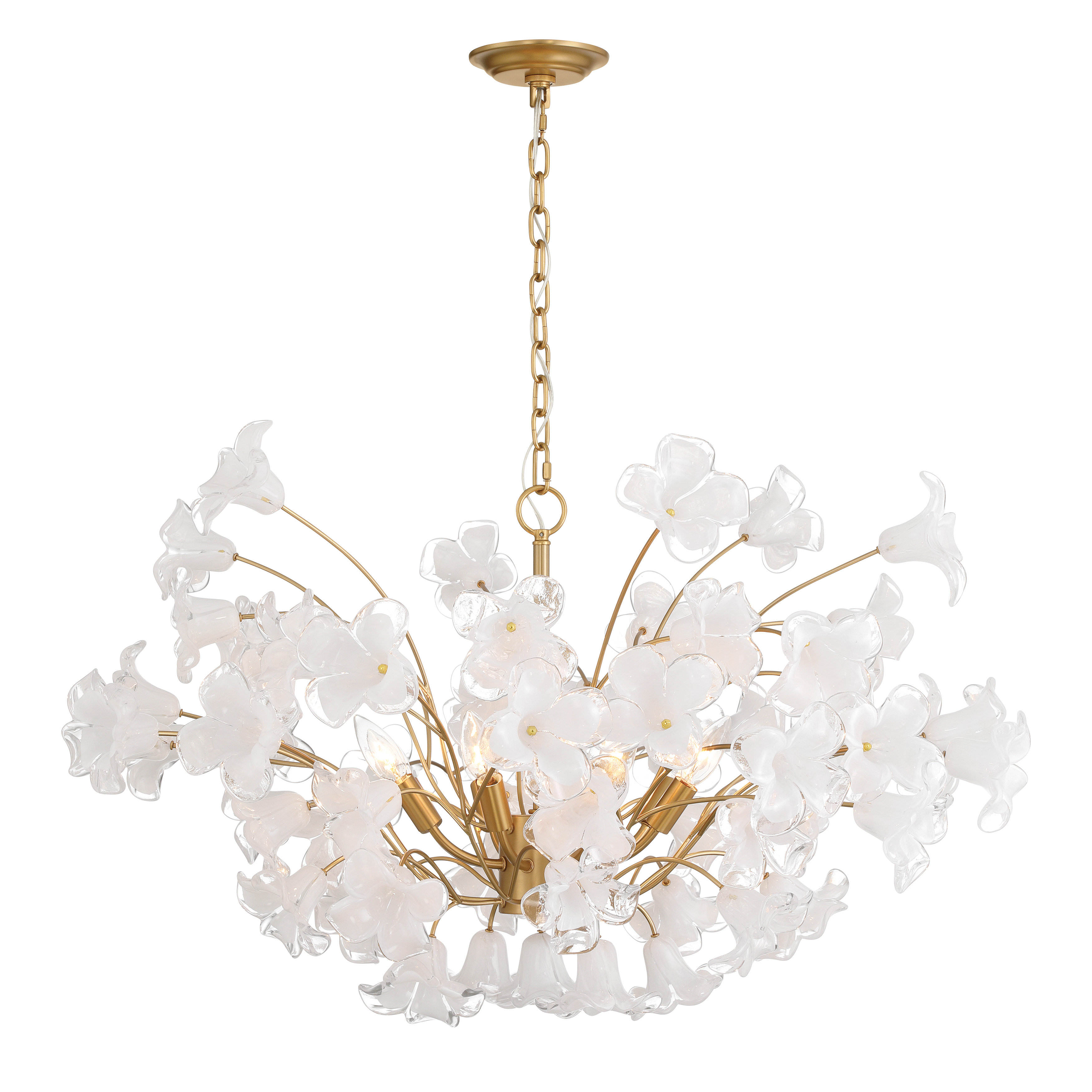 The Bloome chandelier combines transitional elegance with artisanal craftsmanship. Its 36.5-inch span and handmade glass shades create stunning visual impact, while the Legacy Brass finish adds warmth and sophistication to any space. - alternate view