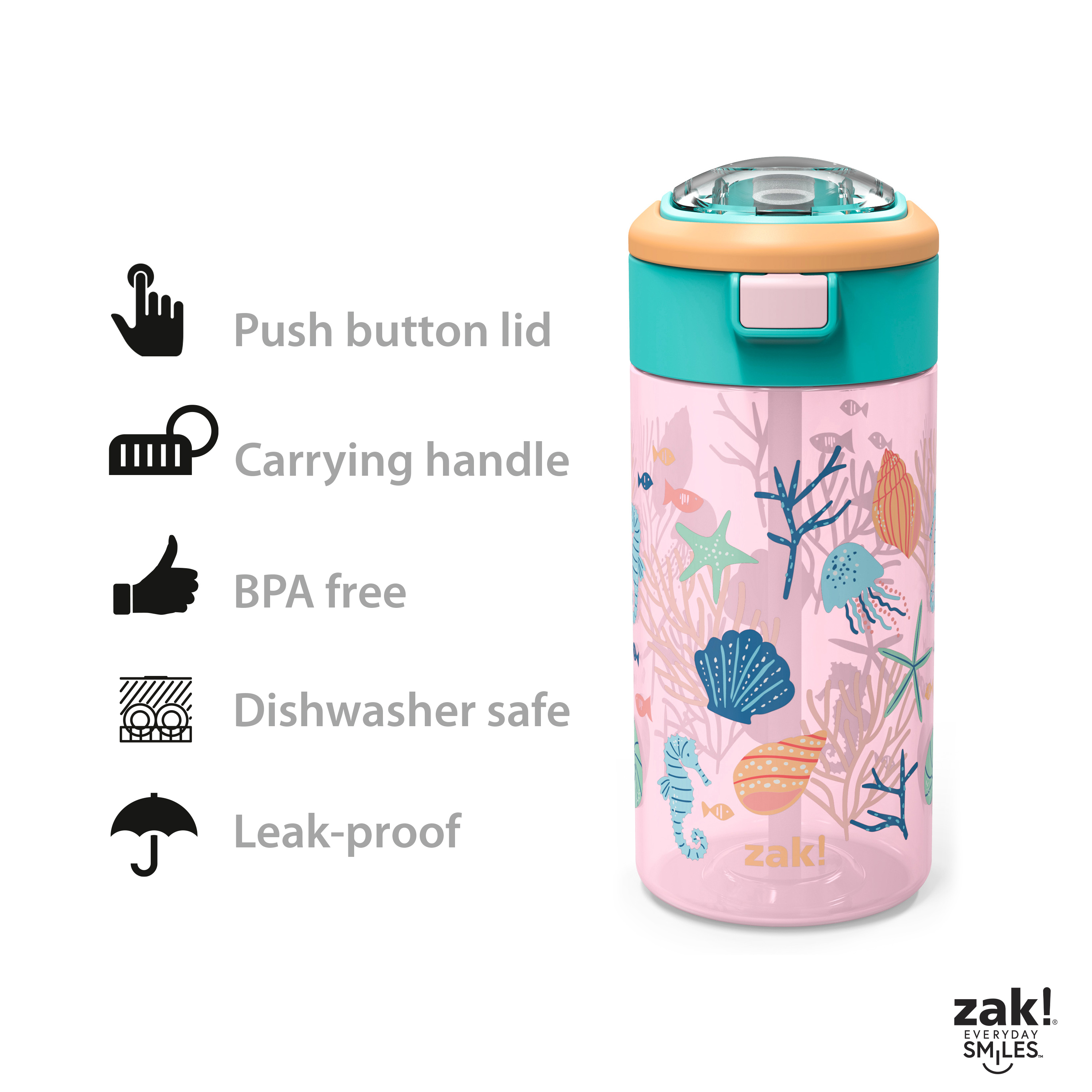 Flex 18 ounce Reusable Plastic Water Bottle with Push-button lid, Seashells, 2-piece set slideshow image 19