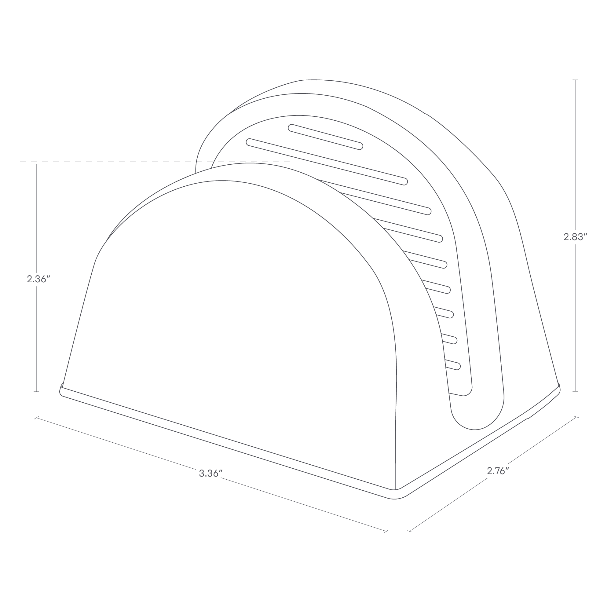 The image shows a set of two magnetic pot holders with dimensions: width is 3.36", depth is 2.76", and height is 2.83". The front section height is 2.36". The design includes a slotted back for ventilation.