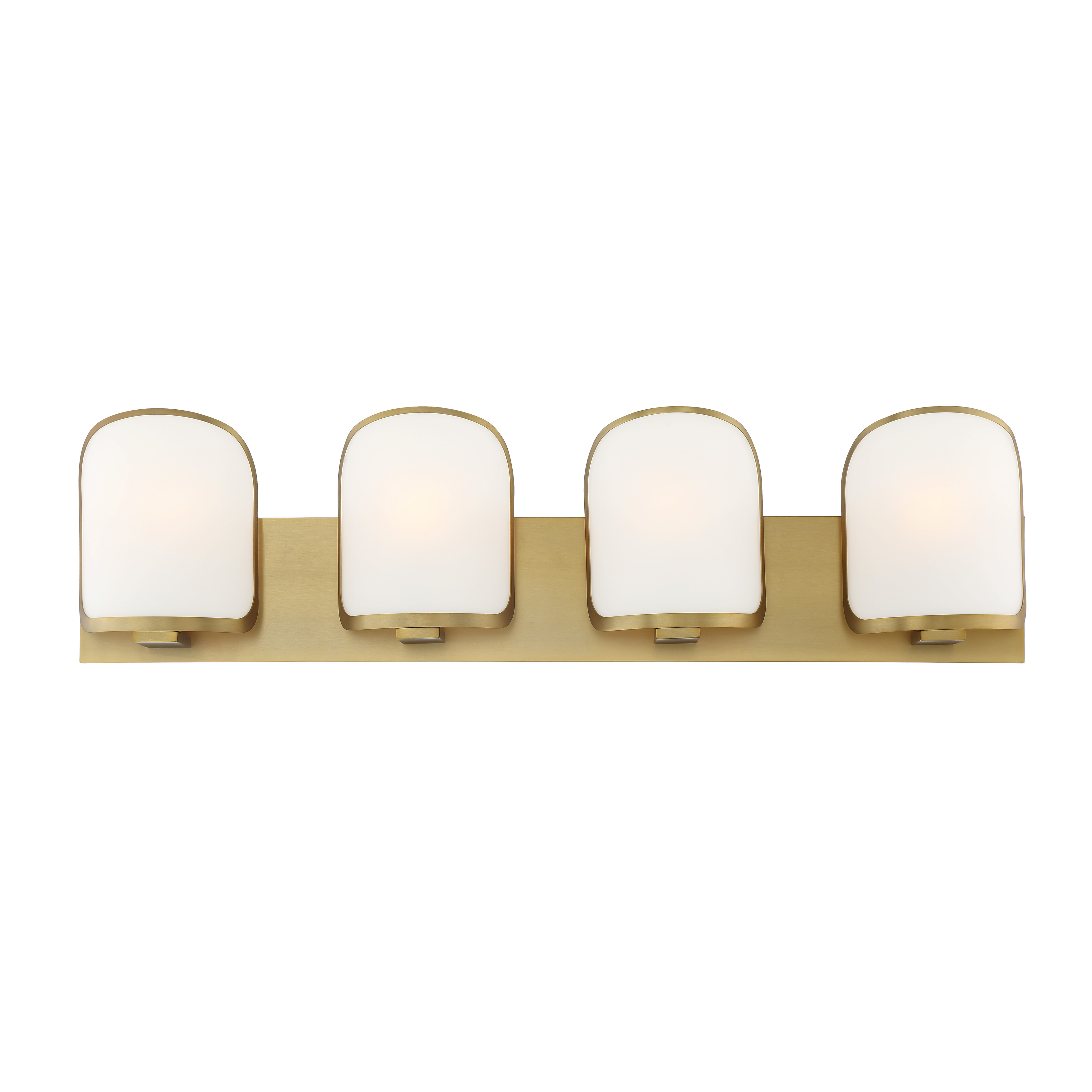 The Bishop Crossing vanity light combines contemporary styling with timeless brass warmth. Four etched white glass shades provide even, flattering illumination perfect for grooming tasks while the 33.5-inch width suits medium to large vanities. - alternate view