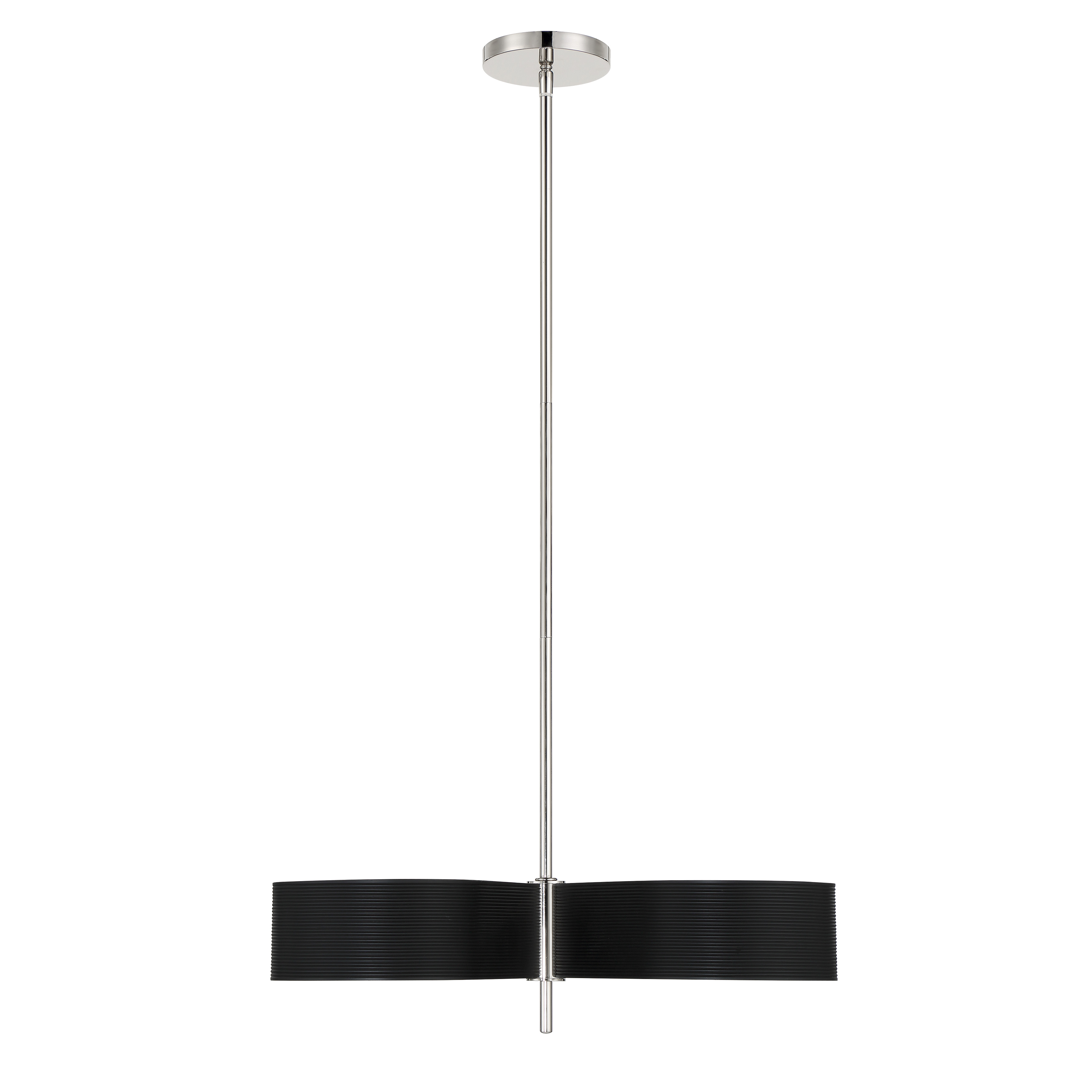 The Side Step chandelier combines polished nickel and coal finishes for a striking contemporary look. With 3,389 lumens and 93 CRI, it delivers exceptional light quality while the etched white diffusers provide soft, even illumination. - alternate view