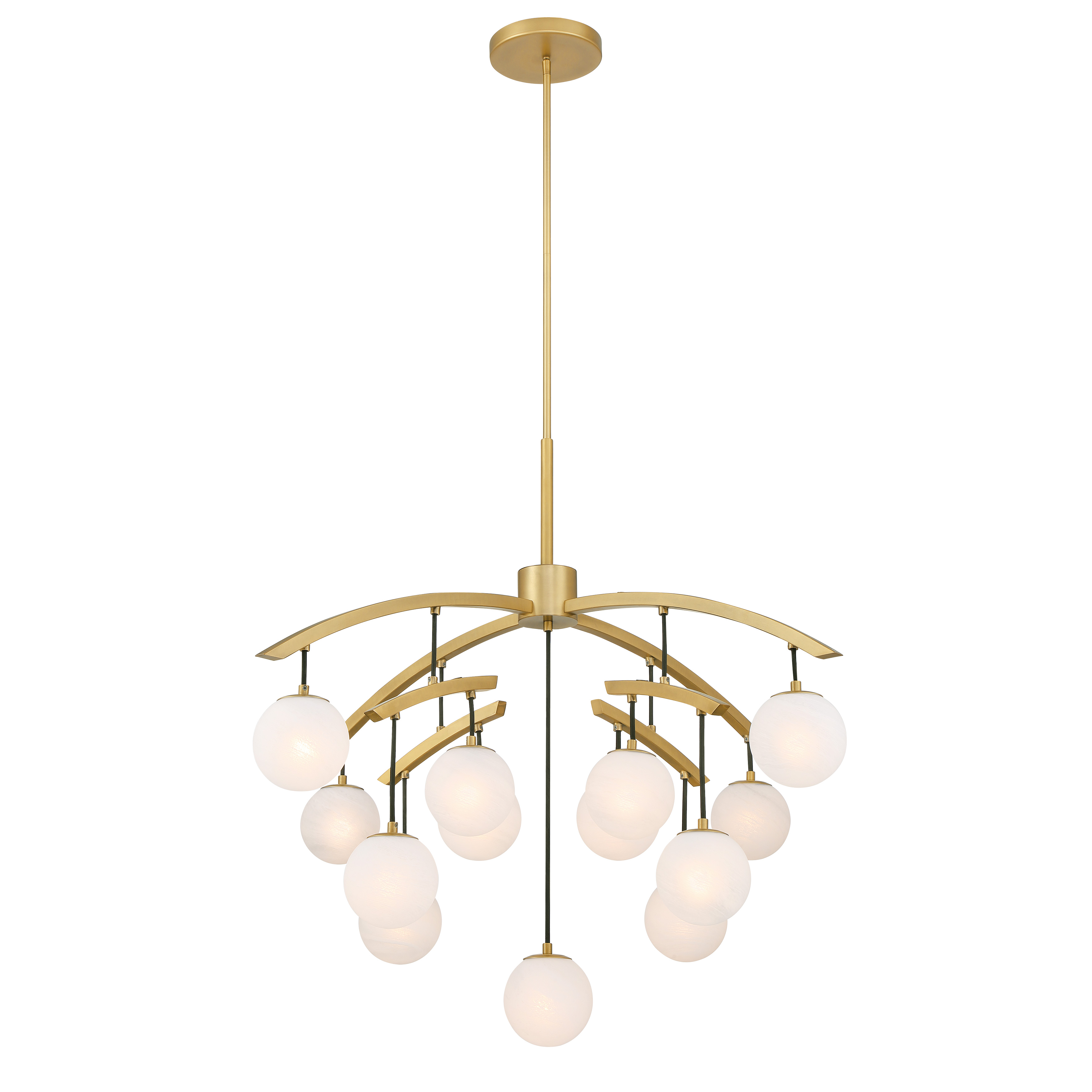 The Curven chandelier makes a bold statement with 13 lights arranged across a generous 42-inch span. Legacy Brass finish paired with etched alabaster glass creates warm, diffused illumination perfect for large dining spaces and grand entryways. - alternate view