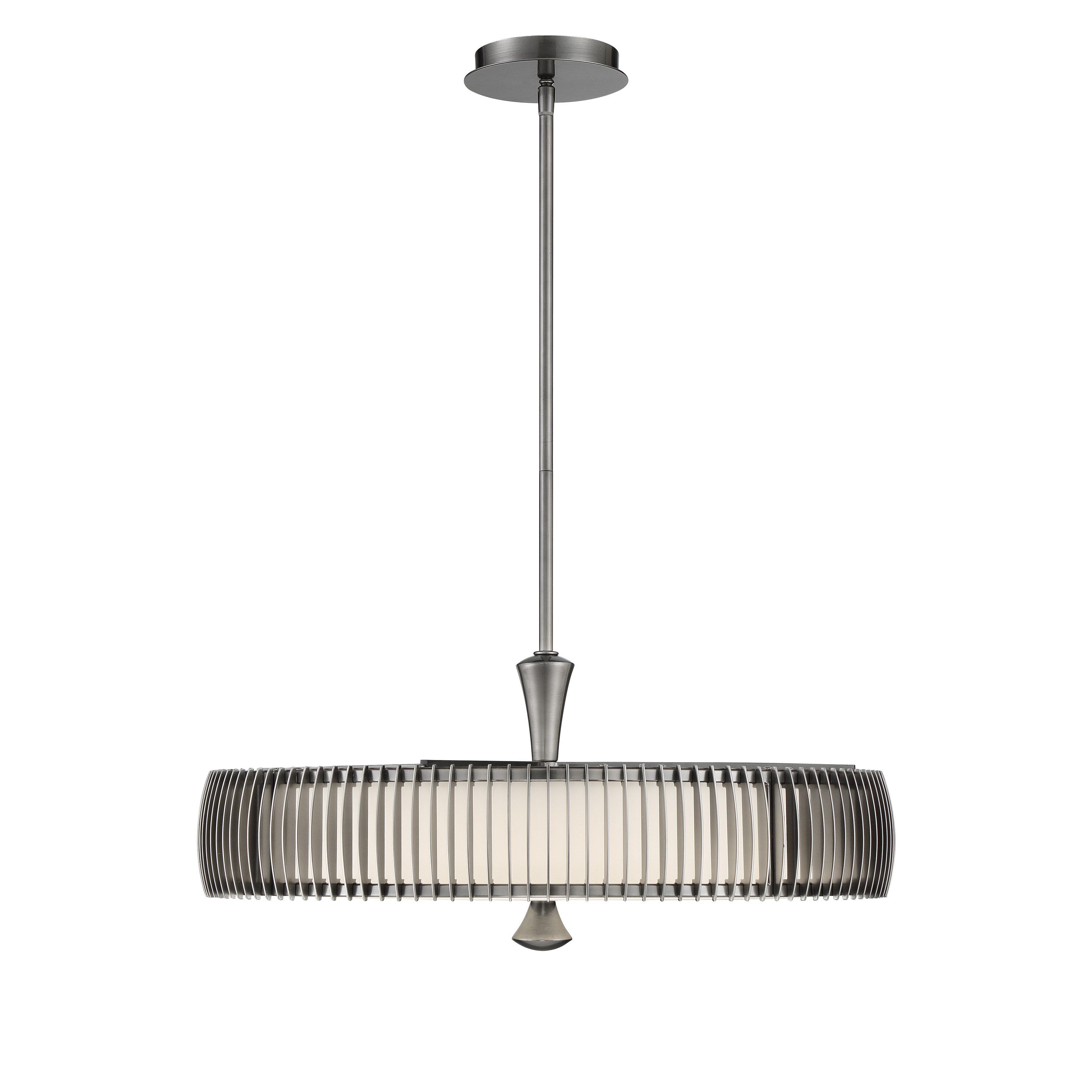 The Night Moves pendant combines modern aesthetics with high-performance LED technology, delivering nearly 5000 lumens with excellent color rendering. Its plated pewter finish and white acrylic shade create a sophisticated look. - alternate view