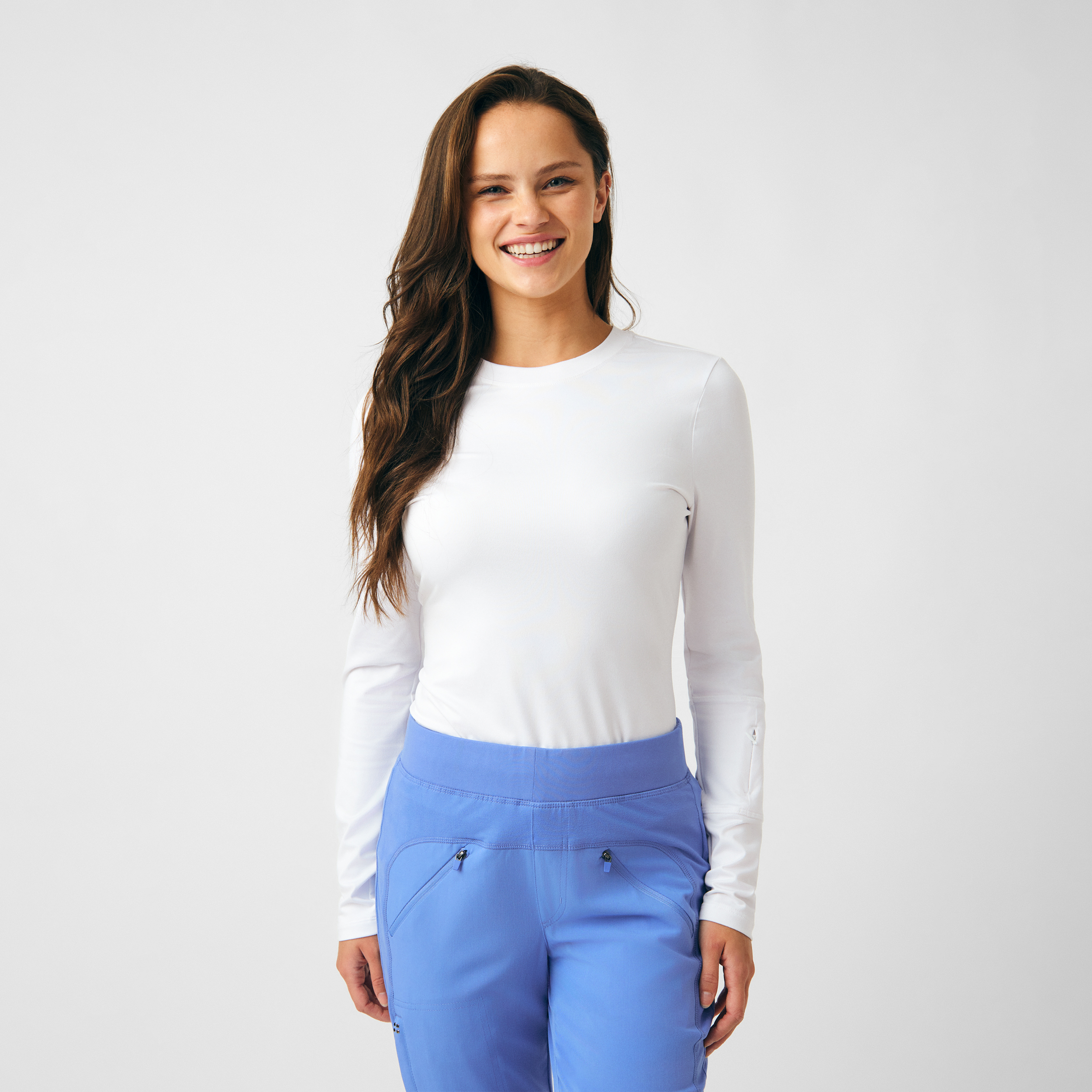 White Cross CRFT WT130 Women‘s 4-Way Stretch Crew Neck Soft Knit Long-Sleeve Tuckable Tee with Hidden Zipper Pocket on Cuff-White Cross