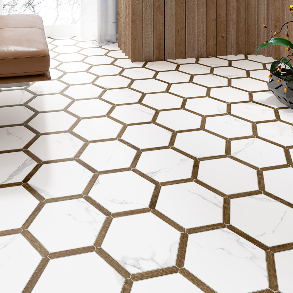 Marwood Panal Calacatta with Oak Picket 8-5/8 in. x 9-7/8 in. Porcelain Floor and Wall Tile