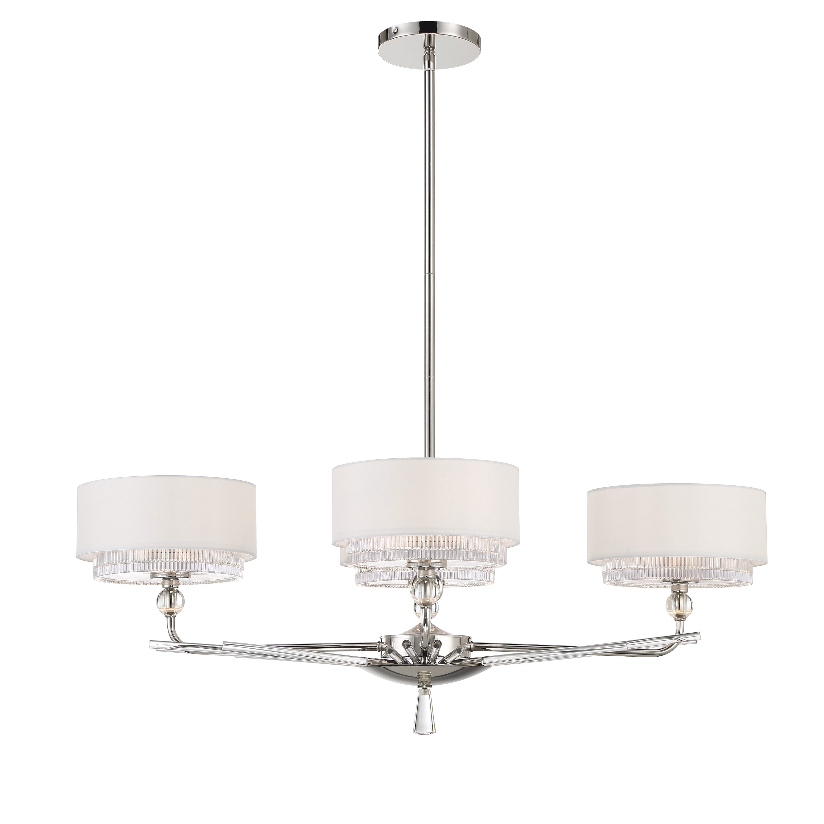 The Sutton collection by Robin Baron brings refined traditional elegance to kitchen islands and dining spaces. Four silk-wrapped shades in polished nickel create a sophisticated linear statement that balances classic design with contemporary proportions. - alternate view