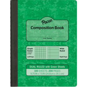 Dual Ruled Composition Book, Green, 1/4 in grid and 3/8 in (wide) 9-3/4" x 7-1/2", 100 Sheets