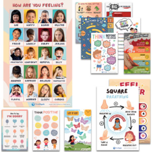 Laminated Feelings & Life Skills Posters for Kids, 11" x 17", English & Spanish, Set of 12