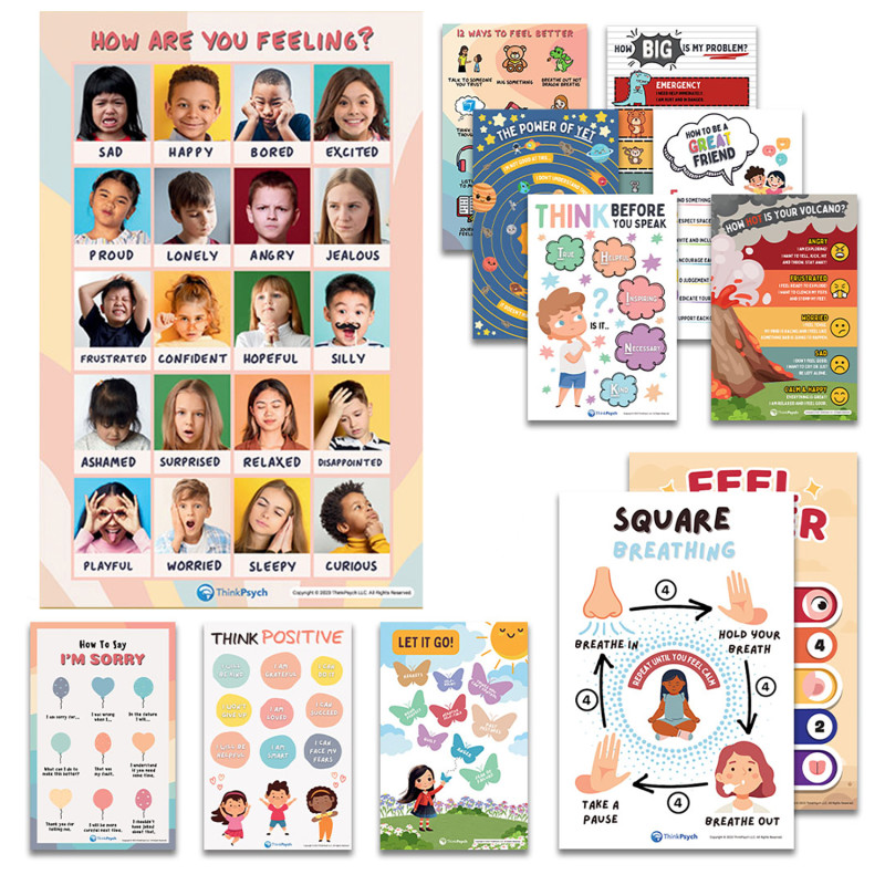 Laminated Feelings & Life Skills Posters for Kids, 11" x 17", English & Spanish, Set of 12