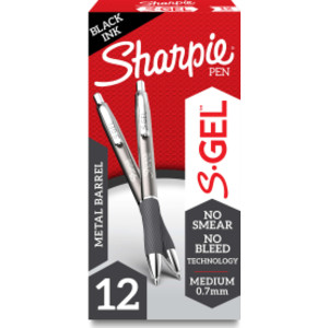 Sharpie&reg; S-Gel, Gel Pens, Sleek Metal Barrel, Medium Point (0.7mm), Black Ink, 12 Count