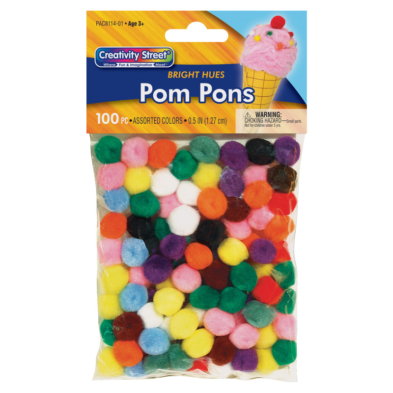 Pom Pons, Bright Hues Assortment, 0.5", 100 Pieces