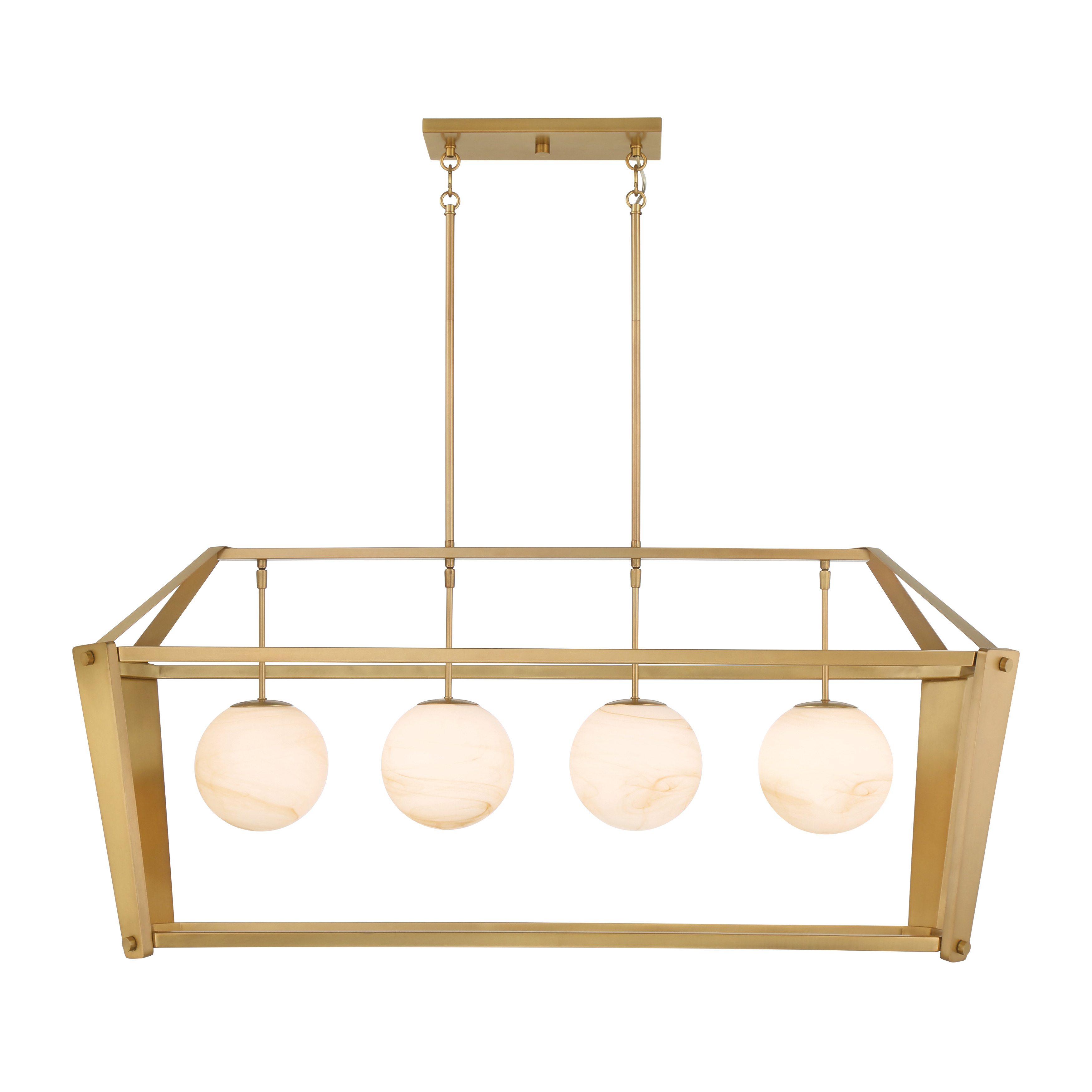 The Shimmer 48" Island Chandelier combines transitional elegance with practical illumination. Its Legacy Brass finish and etched amber swirl glass shades create a warm, inviting glow perfect for kitchen islands and dining spaces. - alternate view