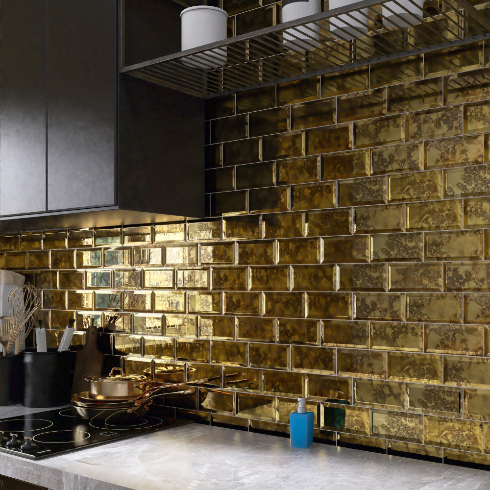 Lustre Beveled Antique Gold 3 in. x 6 in. Glass Wall Tile