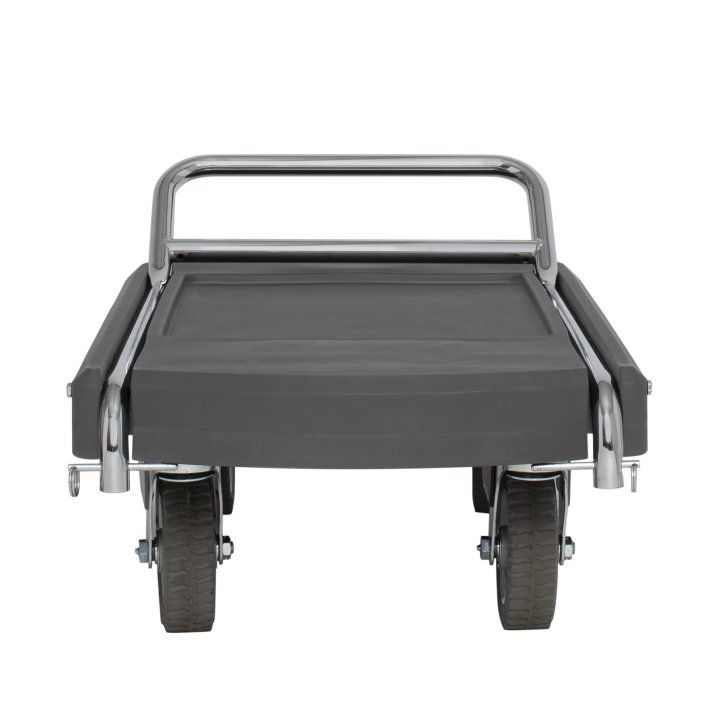 Flatbed utility dolly in dark gray with 6” pneumatic wheels, straps and chrome-plated handle