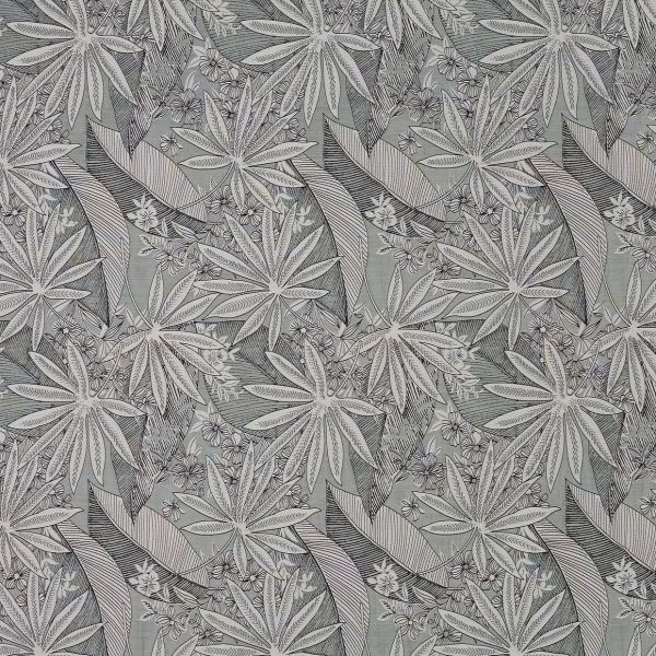 Decorative wallpaper with large stylized tropical leaves and small flowers, arranged in a dense repeating pattern; covering a flat surface, muted grayscale palette, evenly lit, no visible room elements.