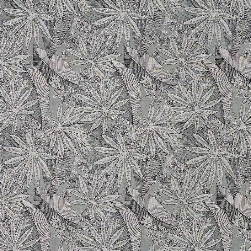 Decorative wallpaper with large stylized tropical leaves and small flowers, arranged in a dense repeating pattern; covering a flat surface, muted grayscale palette, evenly lit, no visible room elements.