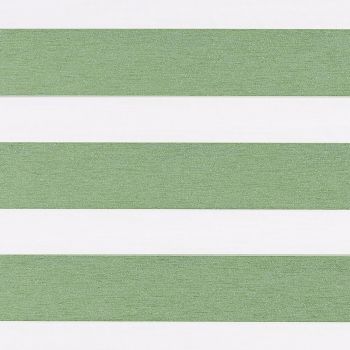 Horizontal dual-layer zebra blind with wide sage-green textured and white translucent stripes, aligned closed to filter light; close-up view under neutral indoor lighting, no surrounding room visible.