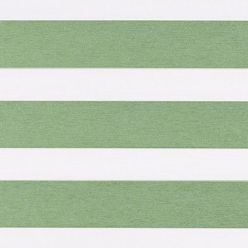 Horizontal dual-layer zebra blind with wide sage-green textured and white translucent stripes, aligned closed to filter light; close-up view under neutral indoor lighting, no surrounding room visible.