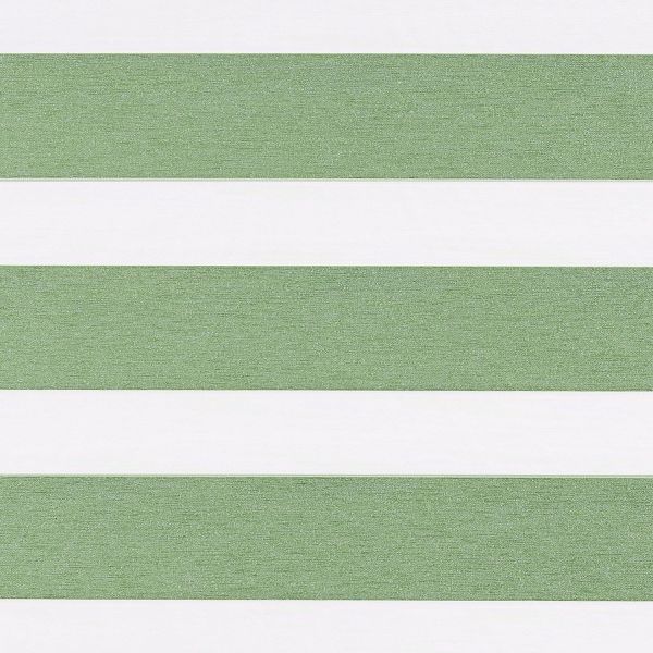 Horizontal dual-layer zebra blind with wide sage-green textured and white translucent stripes, aligned closed to filter light; close-up view under neutral indoor lighting, no surrounding room visible.
