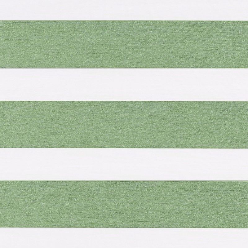 Horizontal dual-layer zebra blind with wide sage-green textured and white translucent stripes, aligned closed to filter light; close-up view under neutral indoor lighting, no surrounding room visible.