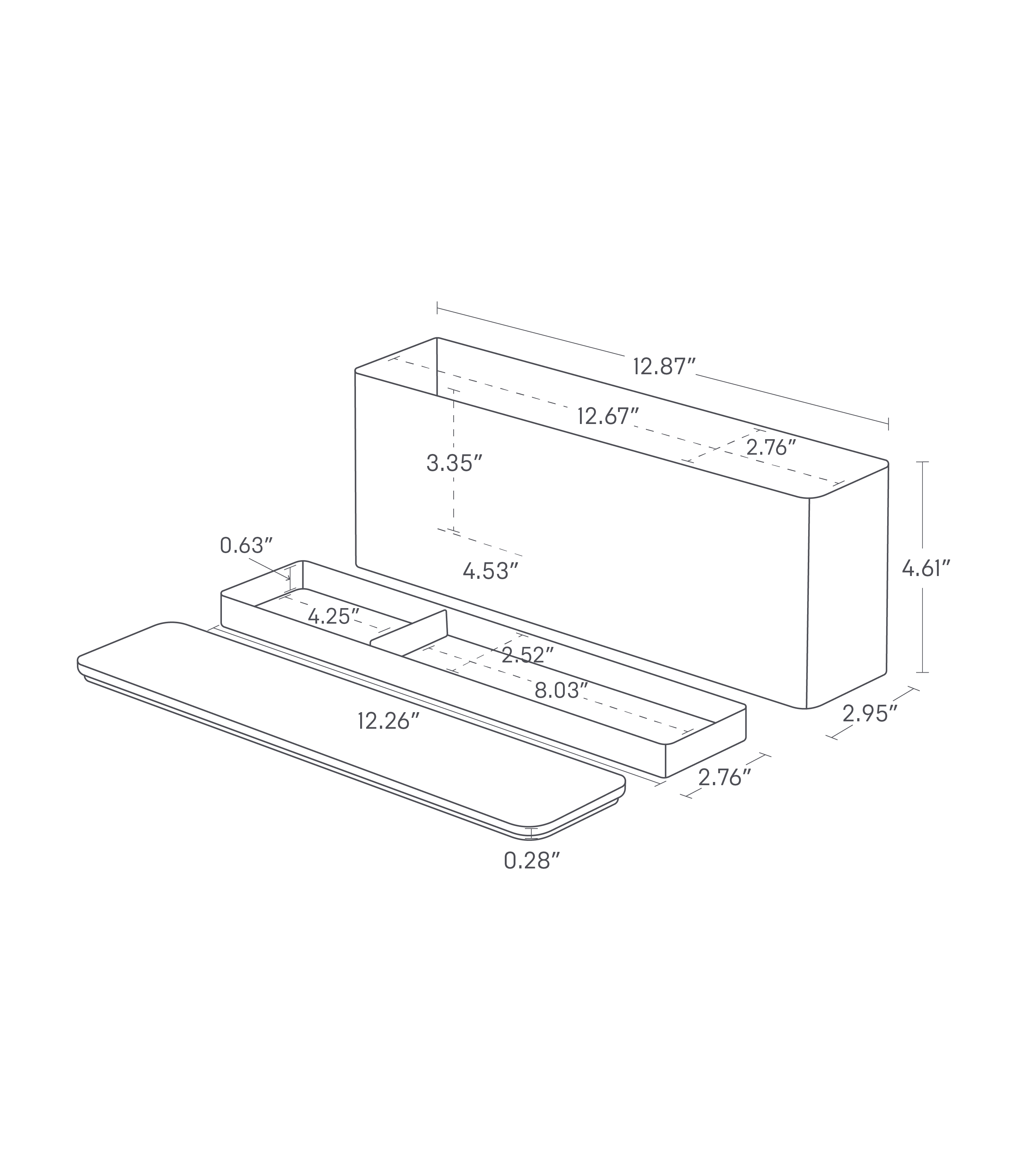 Dimension image for Nail Polish Organizer showing dimensions of a rectangular item with multiple sections. Top section has a length of 12.87", height of 2.76", and depth of 3.35". Below, there is a flat section with dimensions 12.26" long and 4.25" wide, with a thickness of 0.28". A lower compartment measures 8.03" in length, 4.53" in height, and 2.52" in depth. The total height of the item is 4.61