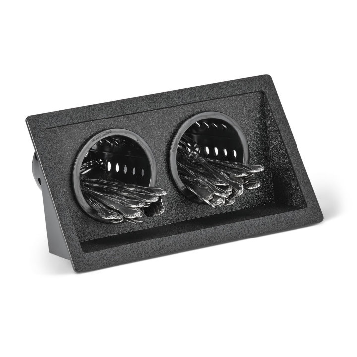 Two-compartment flush-mount flatware organizer with removable black perforated cylinders