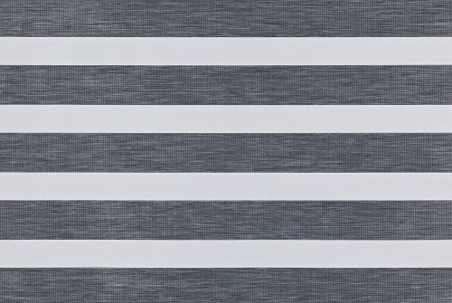 Zebra-style roller blind with alternating opaque white and semi-transparent dark-gray textured horizontal bands; bands aligned to create alternating blocked and filtered light; covers a window in a neutral, evenly lit interior.
