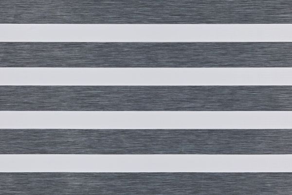 Zebra-style roller blind with alternating opaque white and semi-transparent dark-gray textured horizontal bands; bands aligned to create alternating blocked and filtered light; covers a window in a neutral, evenly lit interior.
