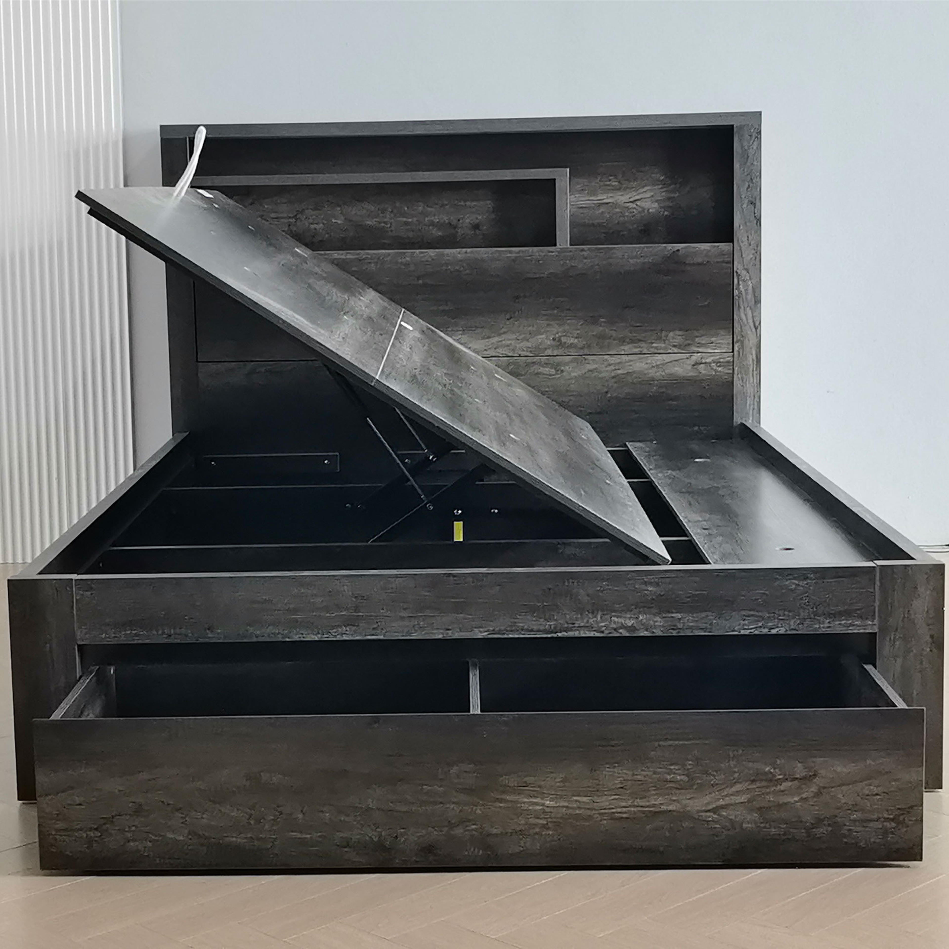 Lifestyle image of the  Bellevue Bed Frame, Side Gas Lift & End Drawer Base, Charcoal from Forty Winks
