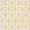 Yellow geometric linework forming repeating three-dimensional cube motifs â€” covering the surface in a regular tessellation â€” on a white background, resembling wallpaper or fabric under even ambient light.