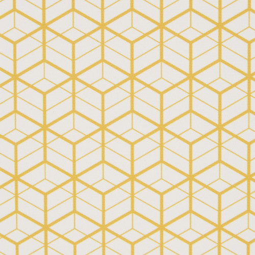 Yellow geometric linework forming repeating three-dimensional cube motifs â€” covering the surface in a regular tessellation â€” on a white background, resembling wallpaper or fabric under even ambient light.