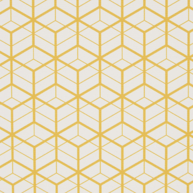 Yellow geometric linework forming repeating three-dimensional cube motifs — covering the surface in a regular tessellation — on a white background, resembling wallpaper or fabric under even ambient light.