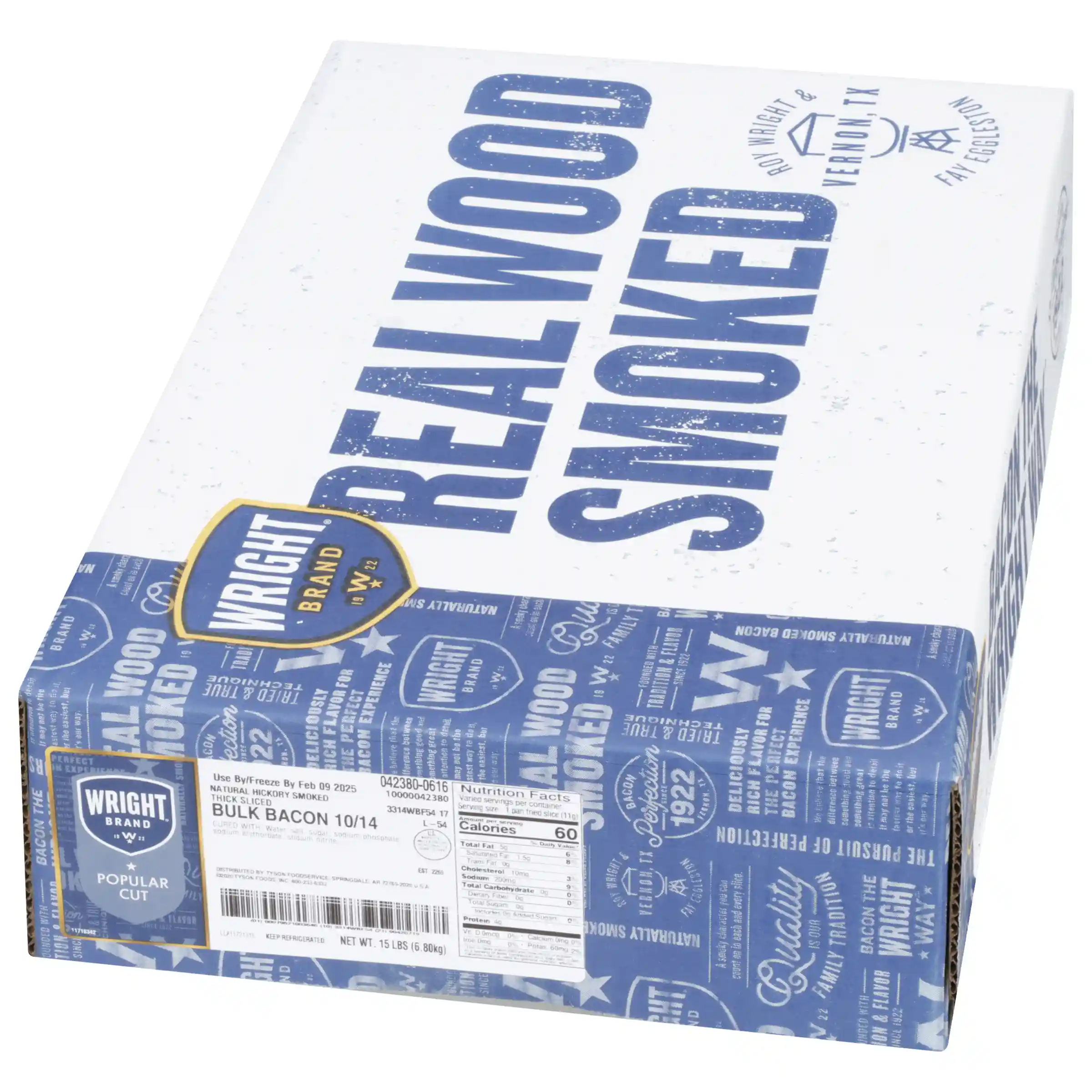 Wright® Brand Naturally Hickory Smoked Thick Sliced Bacon, Bulk, 15 Lbs, 10-14 Slices per Pound, Gas Flushed_image_5