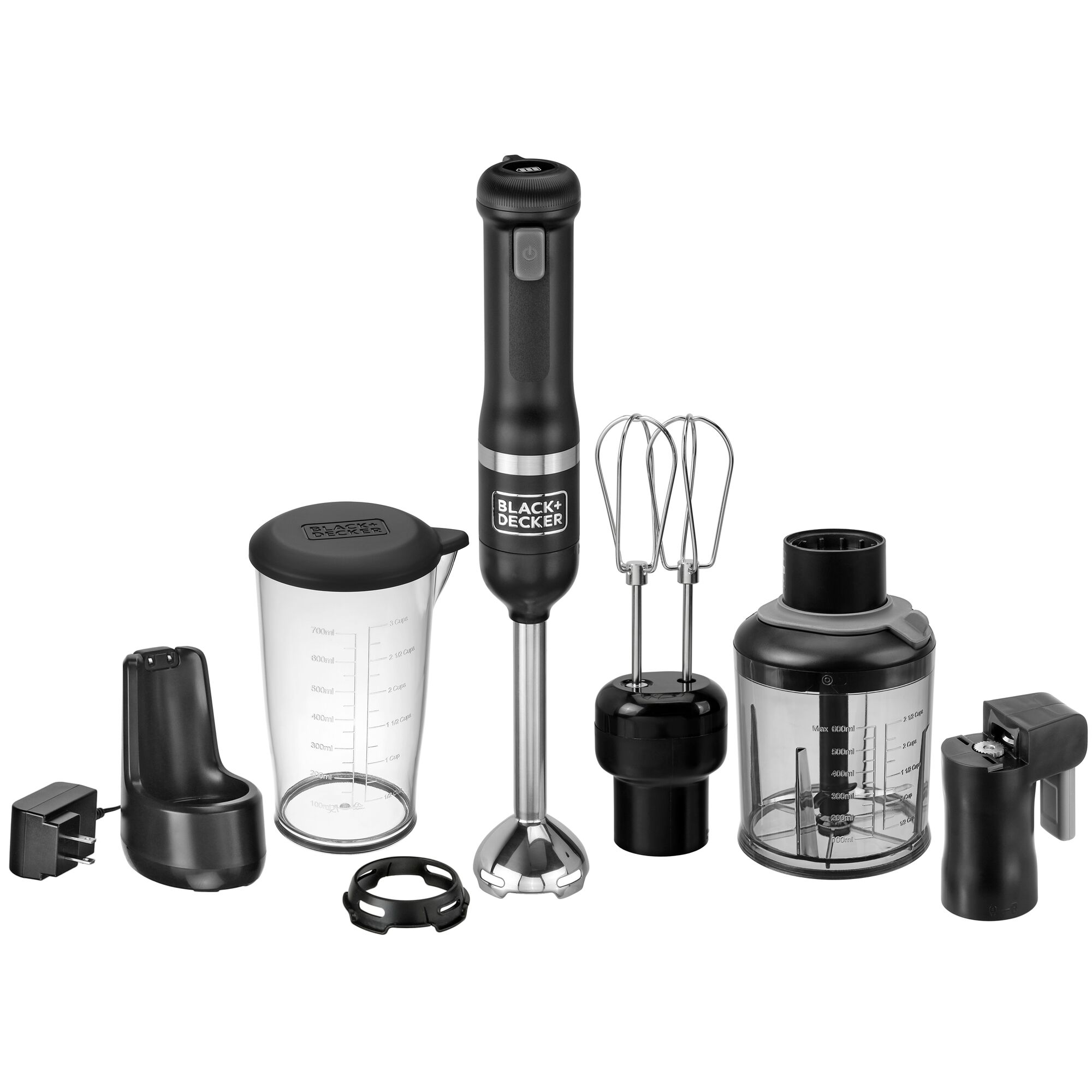 Front view of BLACK+DECKER kitchen wand 3in1 Cordless Kitchen multi-tool kit in black featuring immersion blender, hand mixer, can opener and food chopper atachments