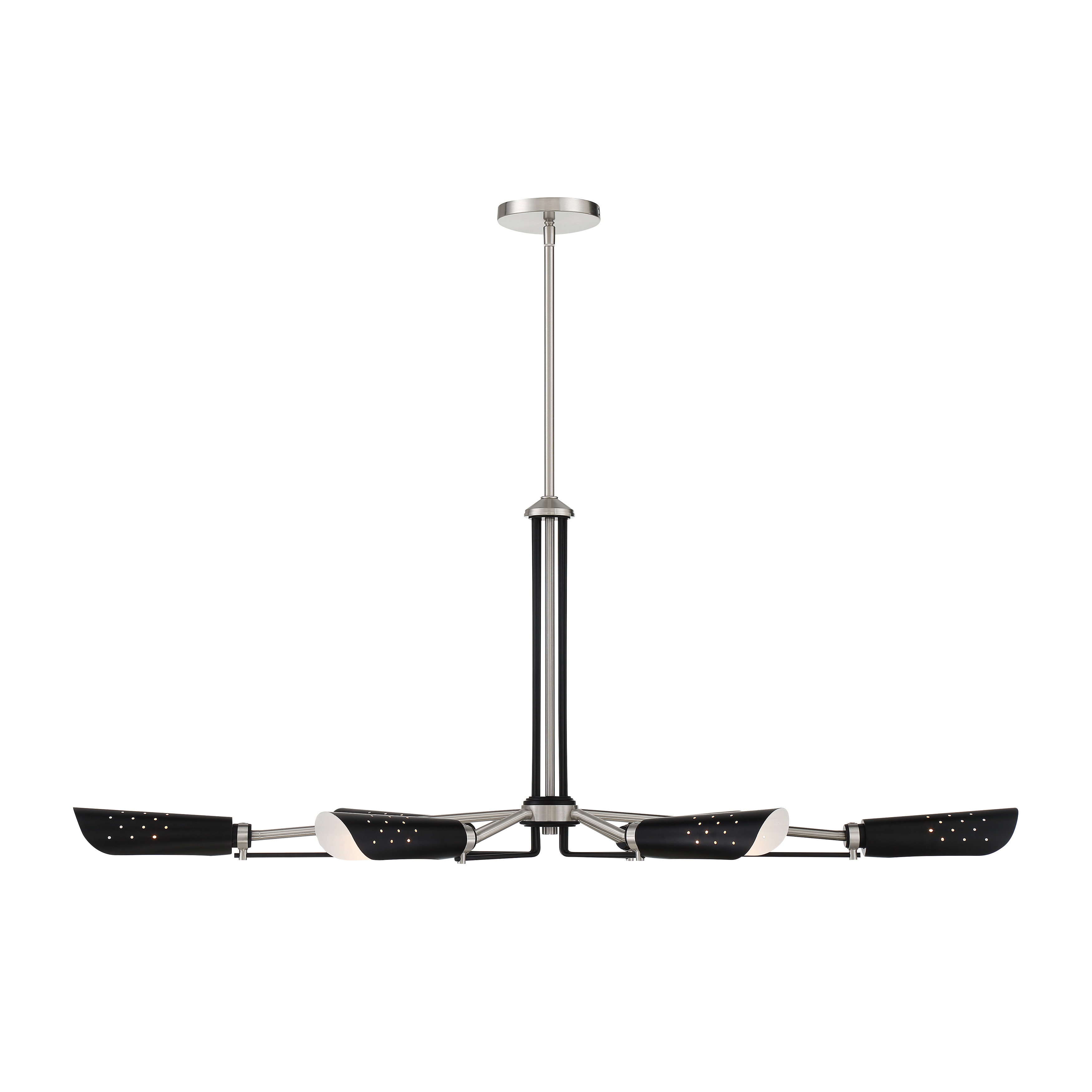 The Turbine 6-Light Island Chandelier combines industrial design with modern sophistication. Its brushed nickel and coal finish creates visual interest, while the linear configuration provides excellent task lighting over islands and dining tables. - alternate view