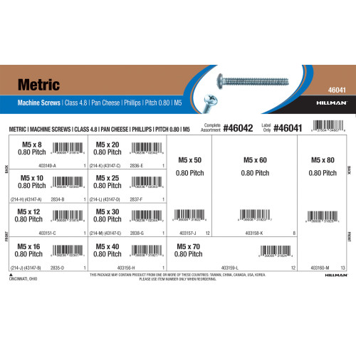 Class 4.8 Phillips Pan Cheese Metric Machine Screws Assortment (M5-0.80)