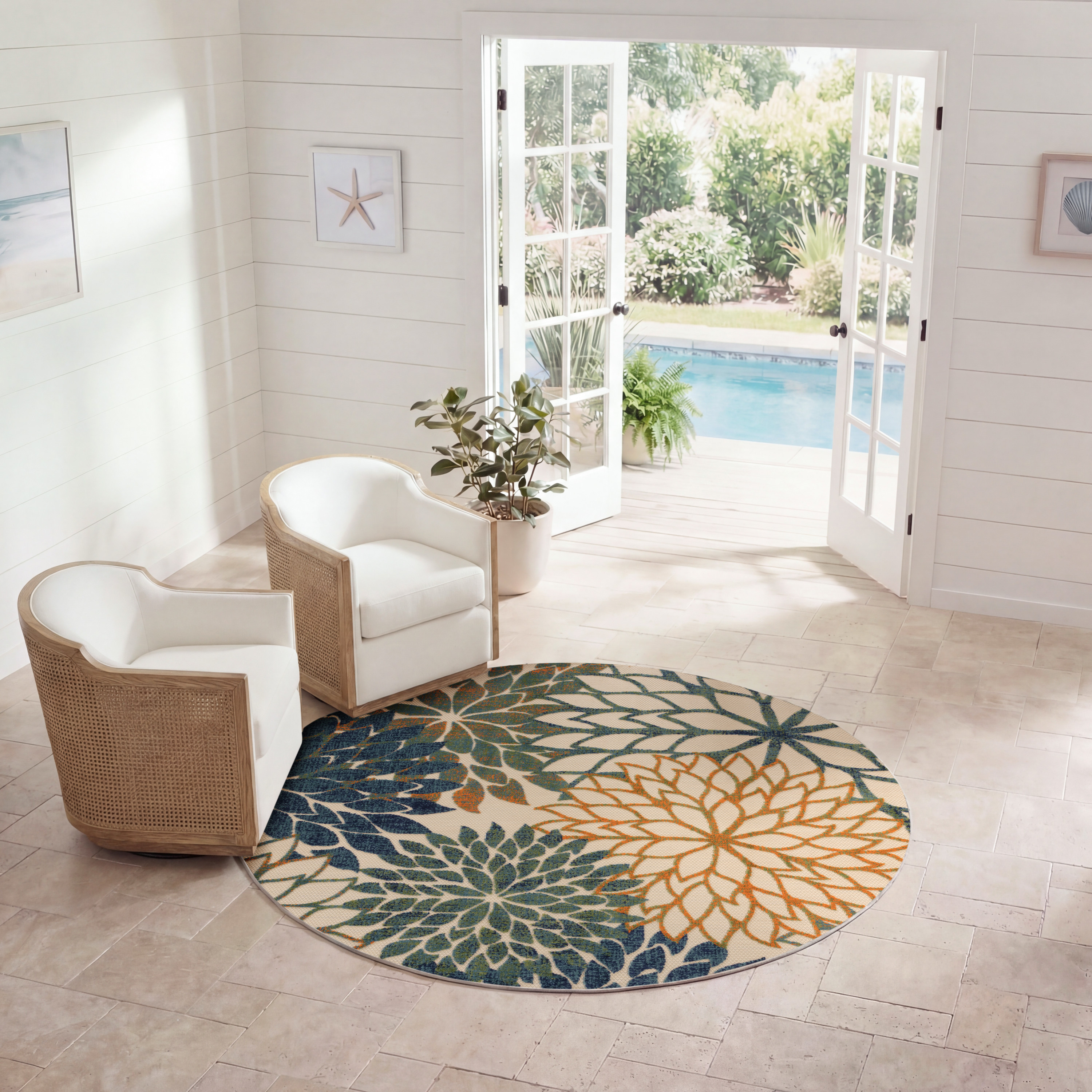 Nourison Aloha 5'3" x Round Blue Green Tropical Rug