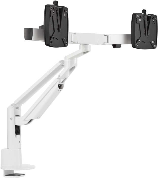 The Novus CLU Plus X2 monitor arm in white at its highest viewing level.