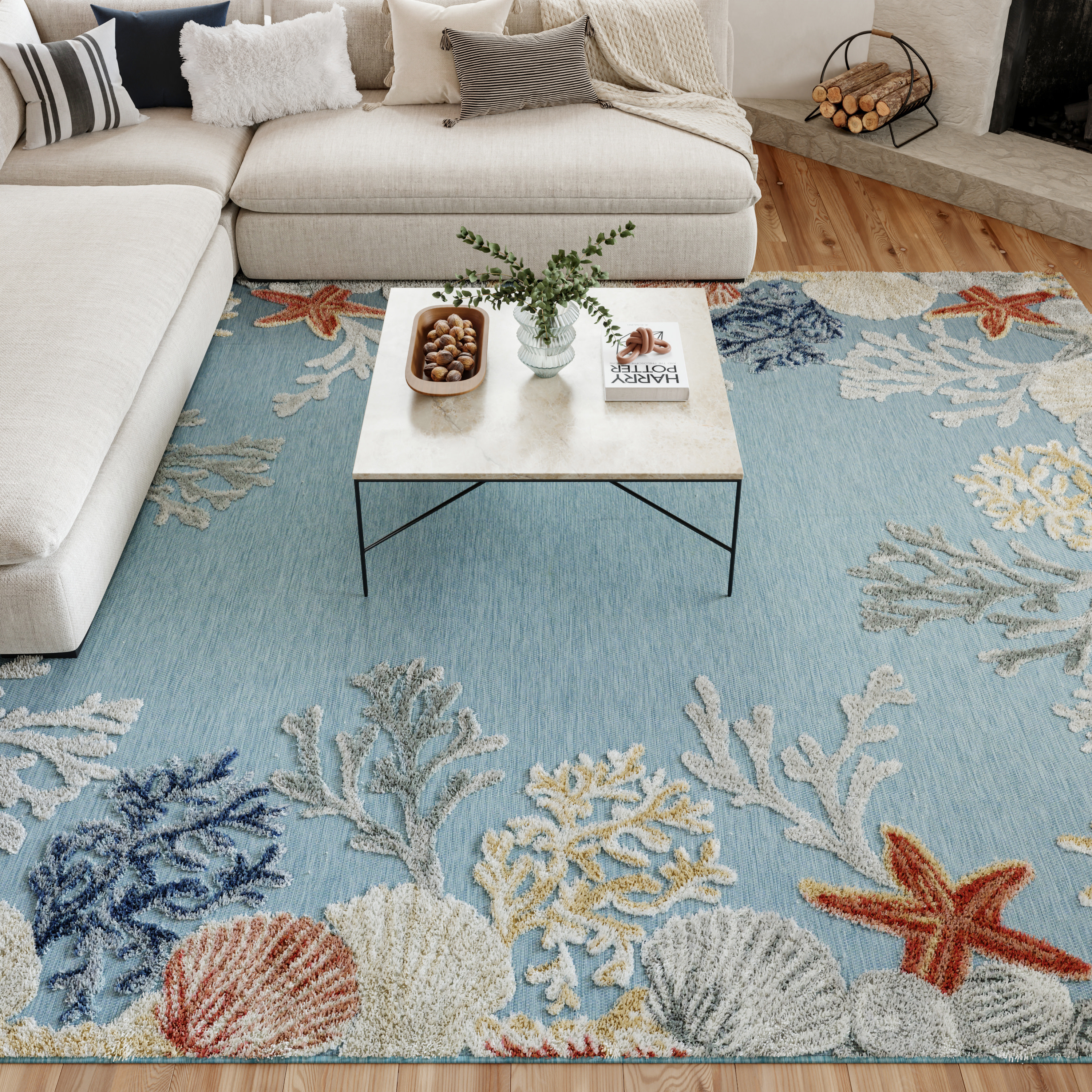 Nourison Suncoast 7'10" x 9'10" Teal Multicolor Coastal, Nautical & Beach Rug