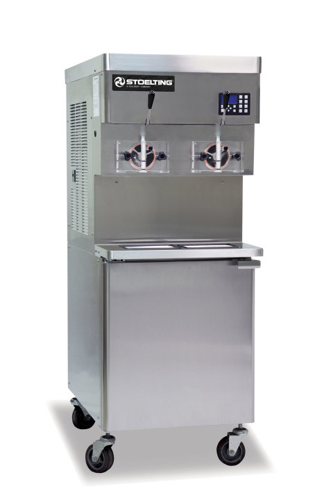208- to 240-volt 3-phase air-remote-cooled pressurized double-cylinder soft serve floor machine with 30-gallon refrigerated LED-illuminated mix storage cabinet