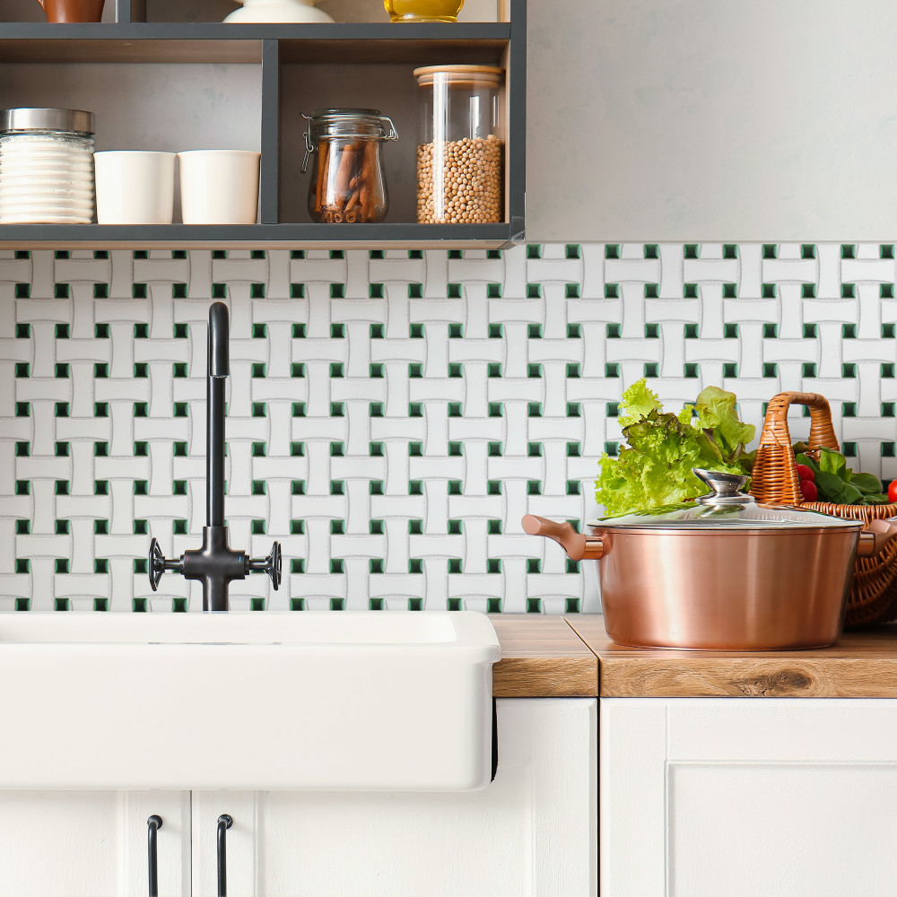 Metro Ion Dog Bone Basketweave Emerald Dot w/Matte White 10 in. x 10 in. Porcelain Mosaic Tile