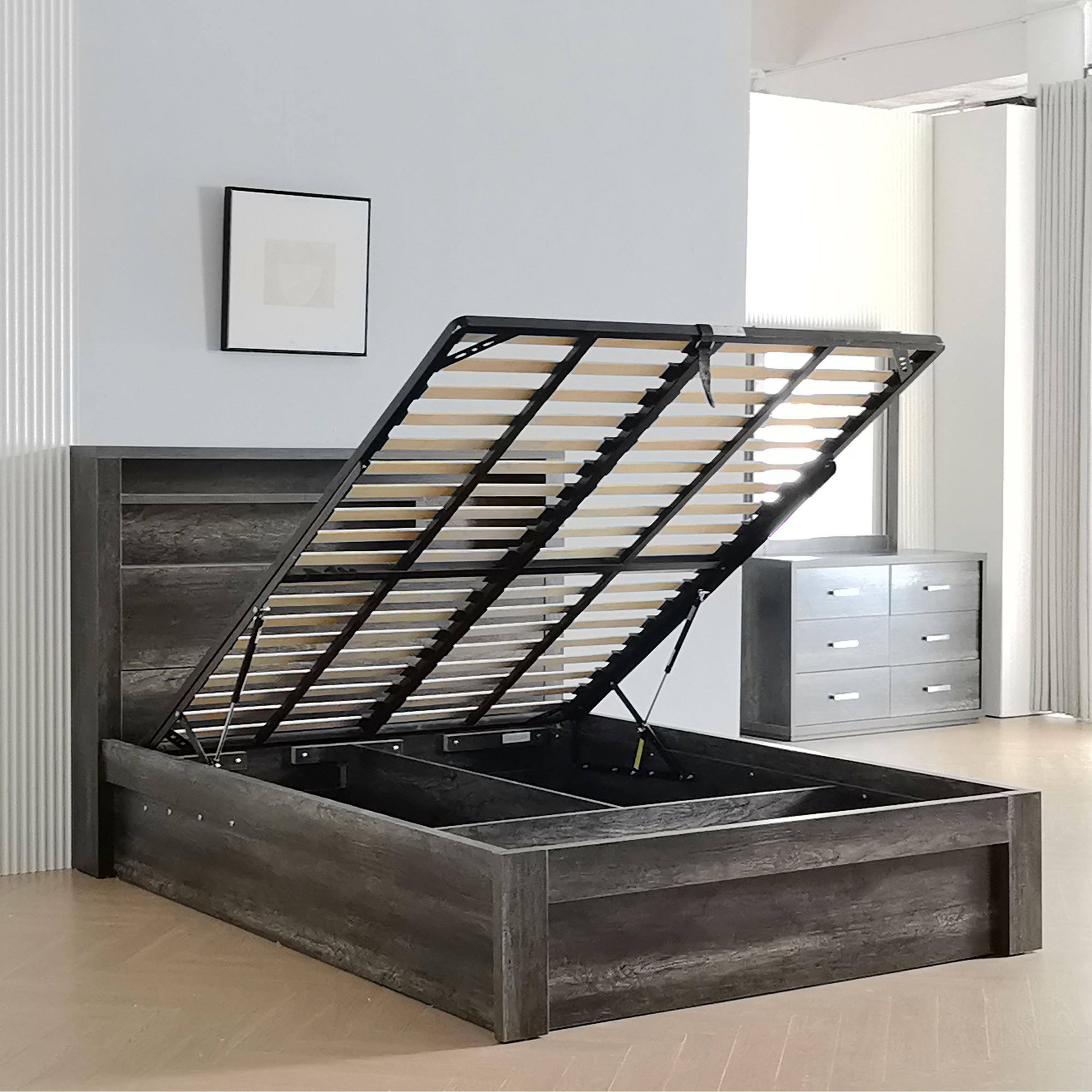 Lifestyle image of the  Bellevue Bed Frame, Front Slat Gas Lift Base, Charcoal from Forty Winks