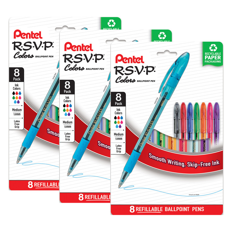 R.S.V.P. Colors Ballpoint Pen, (1.0mm), Assorted Ink, 8 Per Pack, 3 Packs