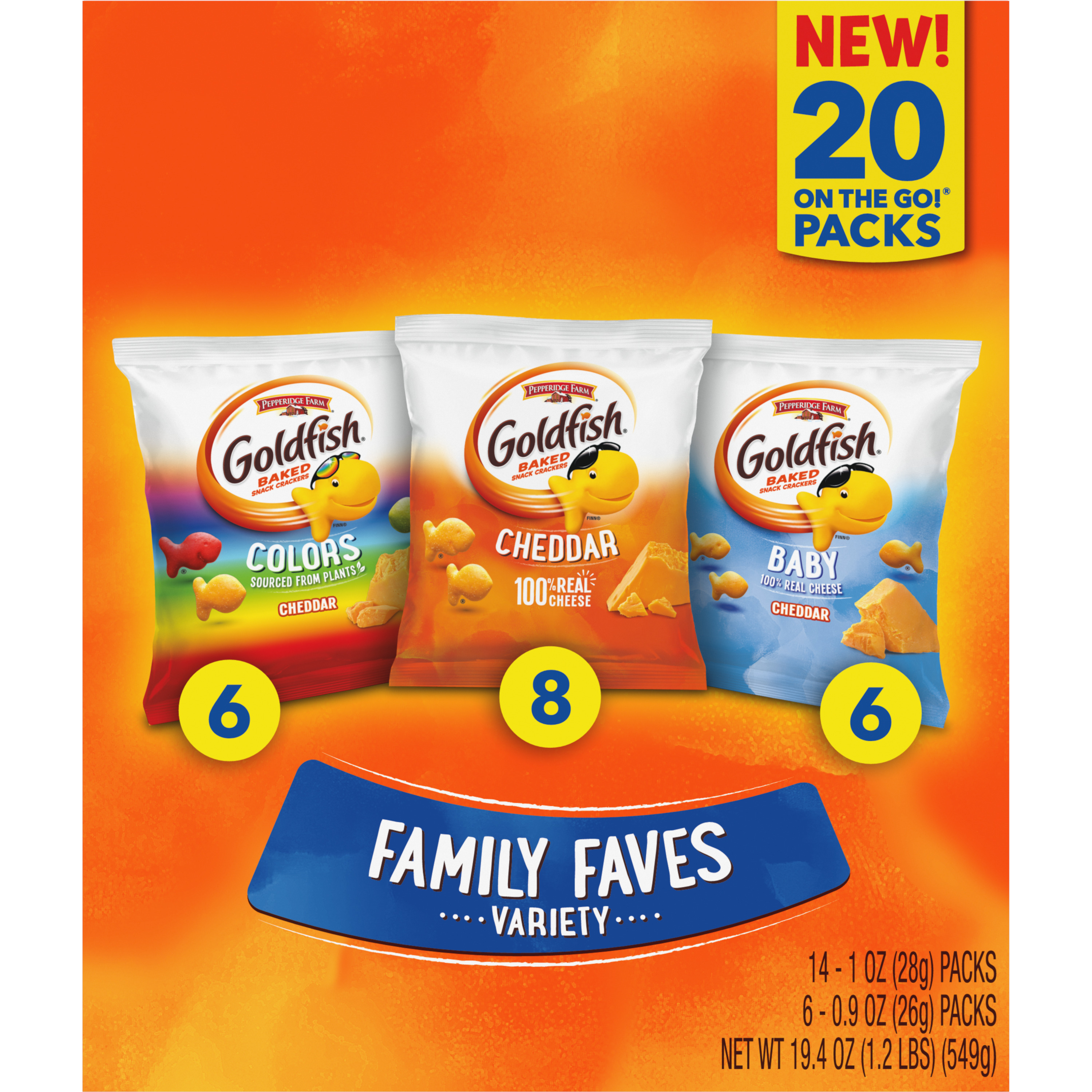 Goldfish® Family Faves Crackers Variety Pack, 20 count box, 19.4 oz, bag - Back Image