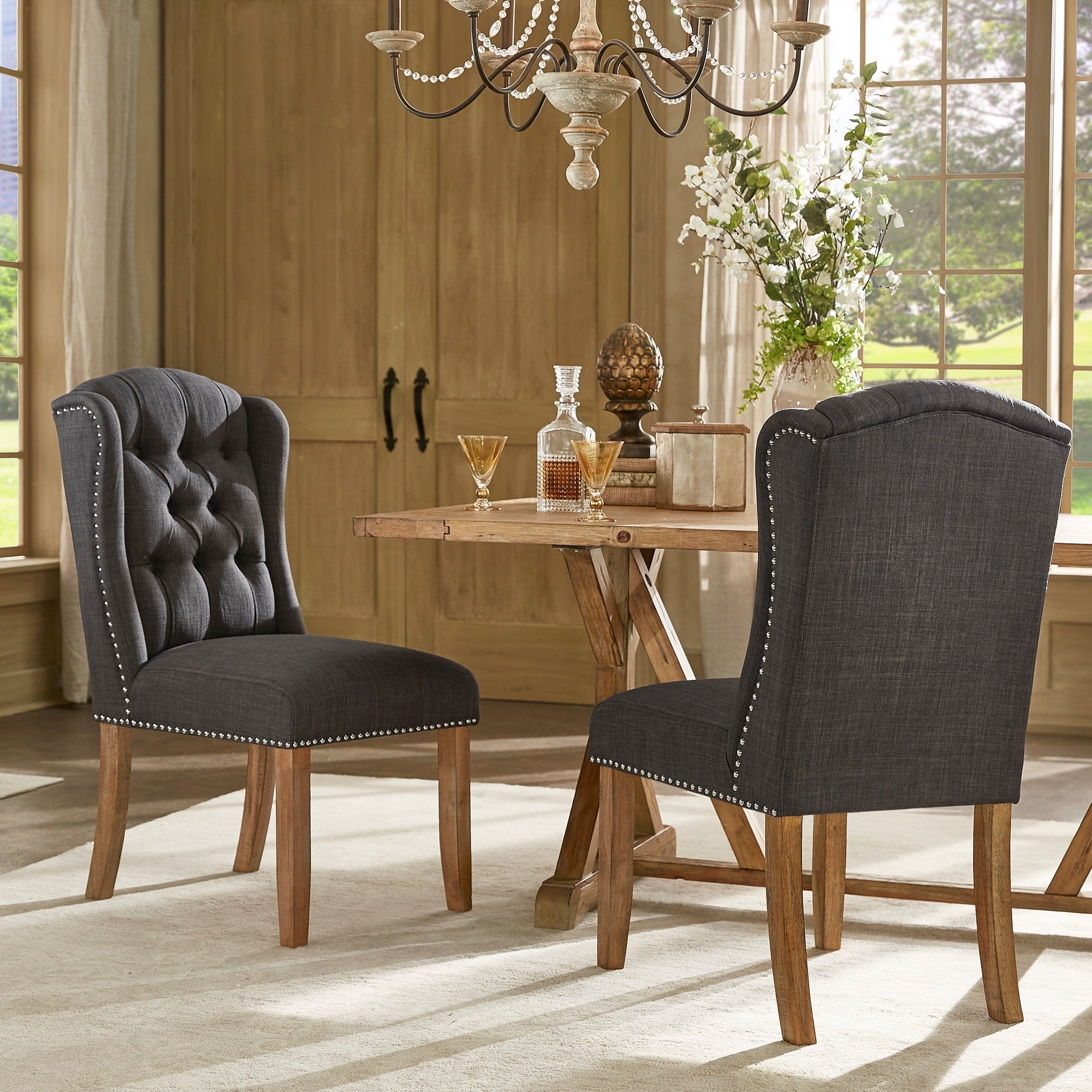 Tufted Wingback Dining Chairs with Nailhead Trim (Set of 2)