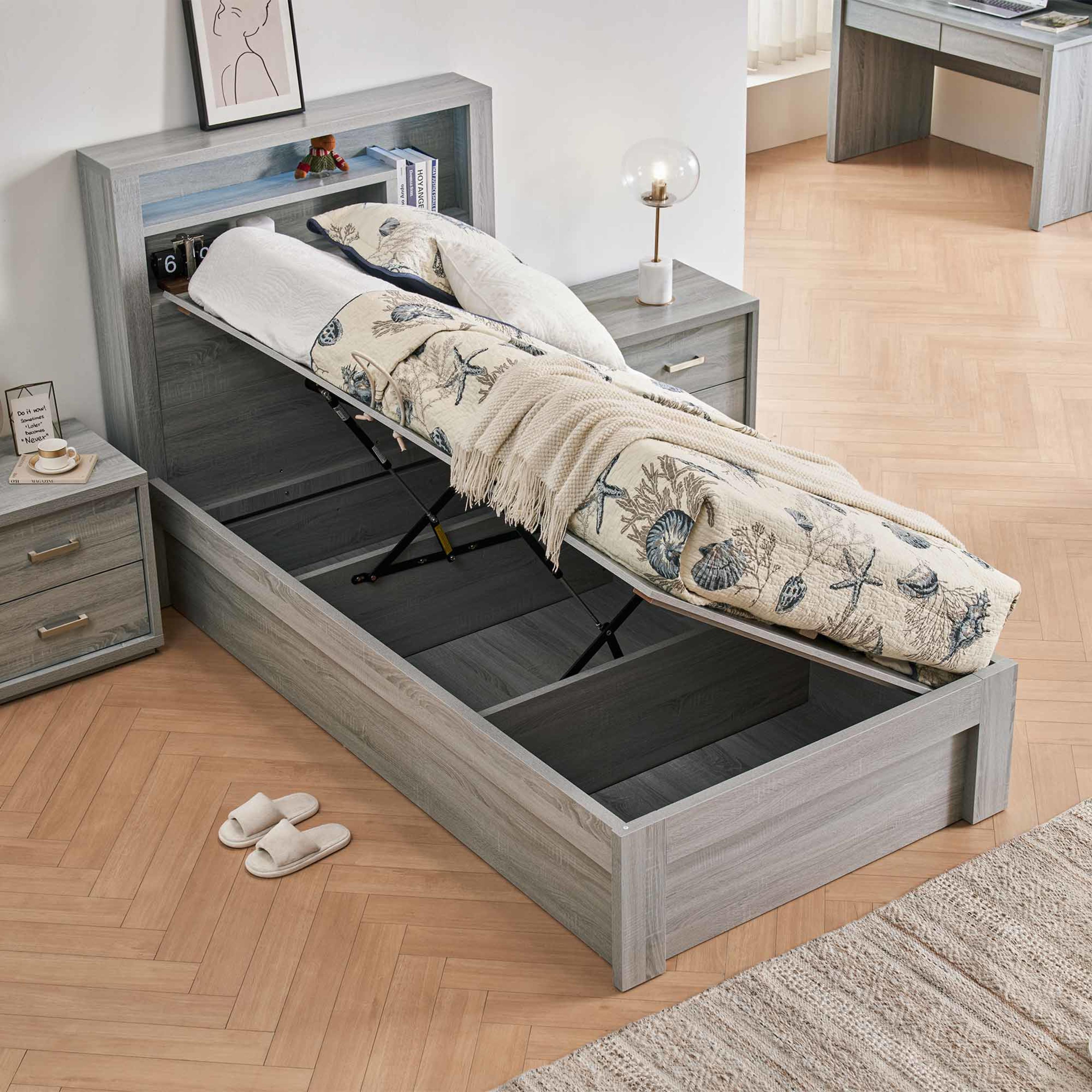 Lifestyle image of the  Bellevue Bed Frame, Side Gas Lift Base, Cement Grey from Forty Winks